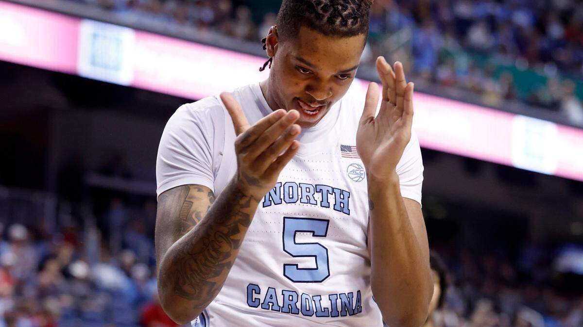 North Carolina’s Armando Bacot (5) celebrates after making the basket while being fouled during the first half of UNC’s game against Boston College in the second round of the New York Life ACC Men’s Basketball Tournament in Greensboro, N.C., Wednesday, March 8, 2023.