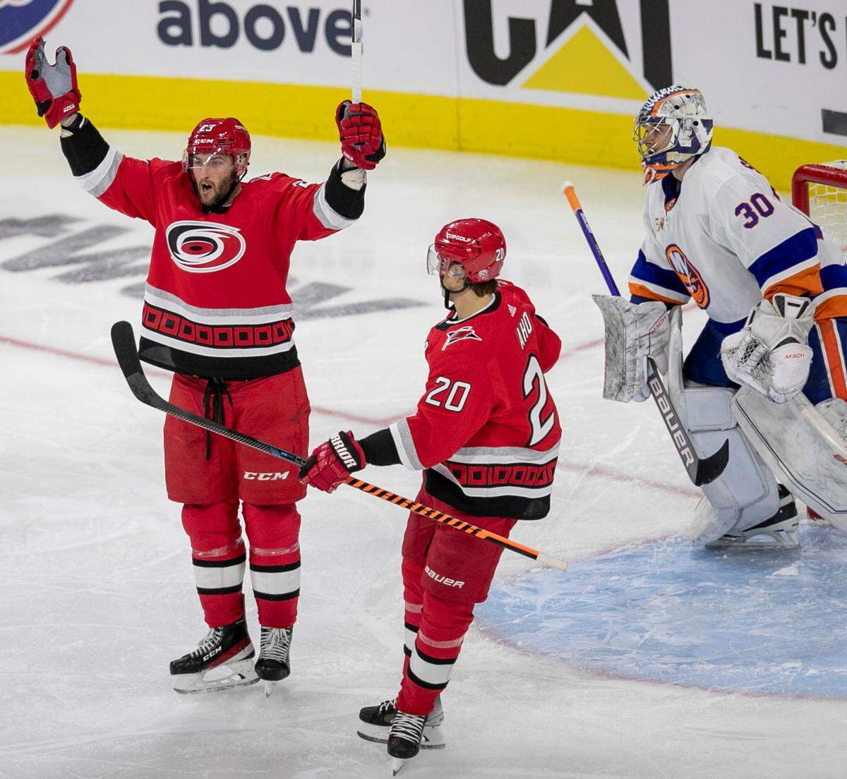 Carolina Hurricanes’ Stefan Noesen (23) reacts after scoring on New York Islanders’ goalie Ilya Sorokin (30) in the second period on Monday, April 17, 2023 at PNC Arena in Raleigh, N.C.
