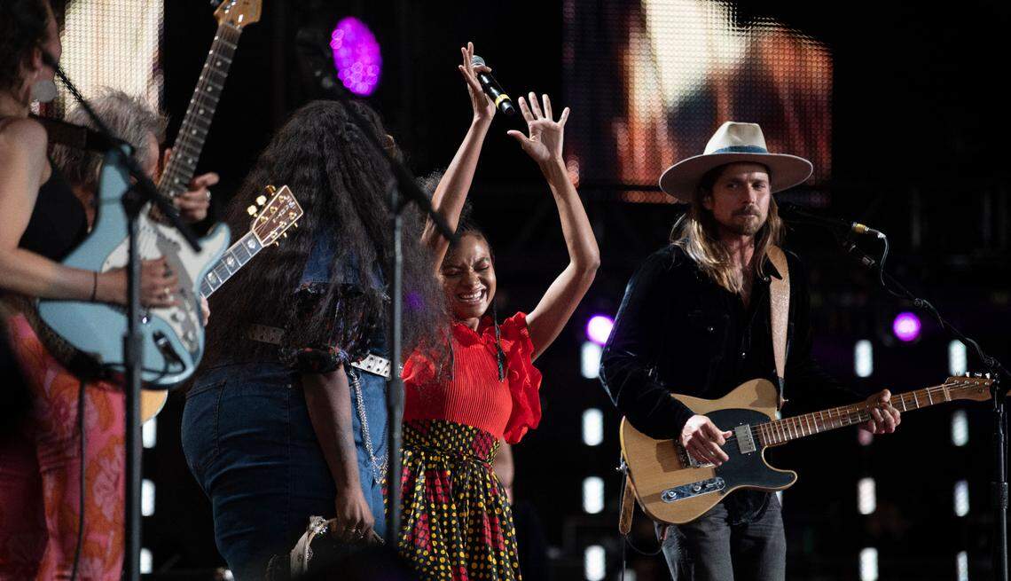 Allison Russell performs with Lucas Nelson at Farm Aid at Raleigh, N.C.’s Coastal Credit Union Music Park at Walnut Creek, Saturday, Sept. 24, 2022.