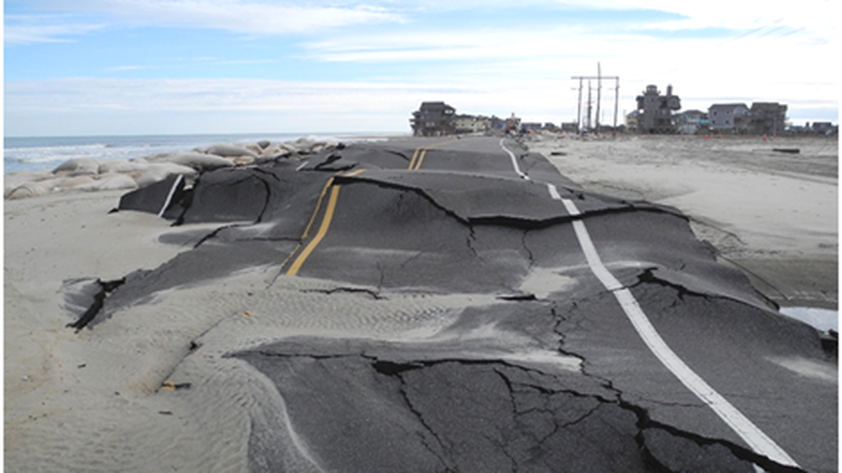 A portion of N.C. Hwy. 12 buckled by Hurricane Sandy in October of 2012. (Photo courtesy of Stanley Riggs)