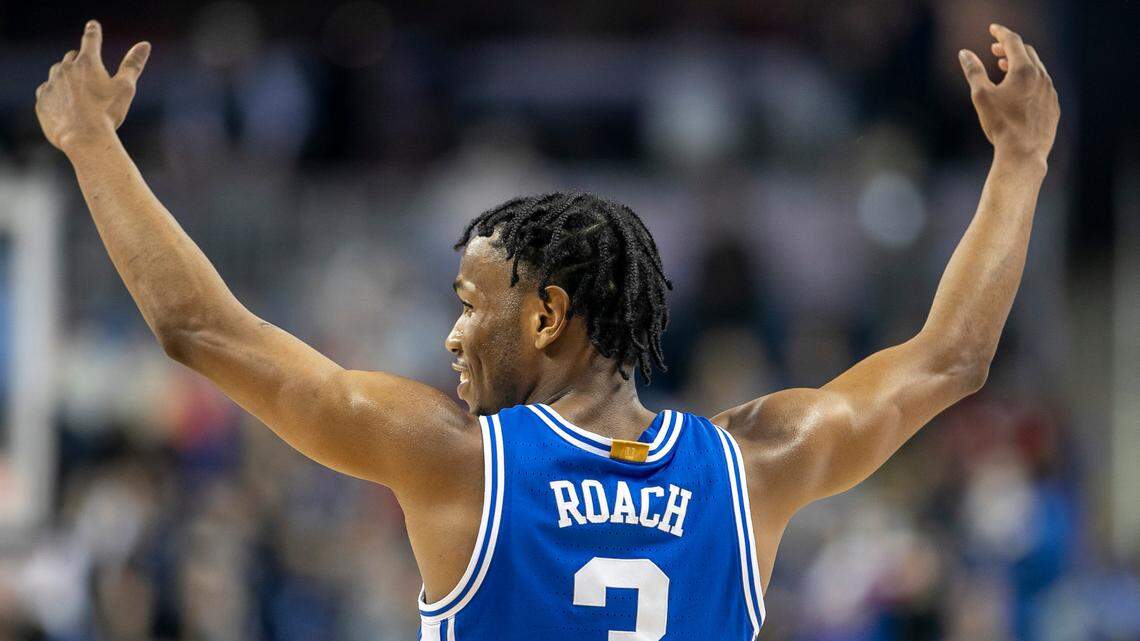 Duke’s Jeremy Roach (3) reacts as time expires and the Blue Devils defeat Miami 85-78 in the semi-finals of the ACC Tournament on Friday, March 10, 2023 at the Greensboro Coliseum in Greensboro, N.C.