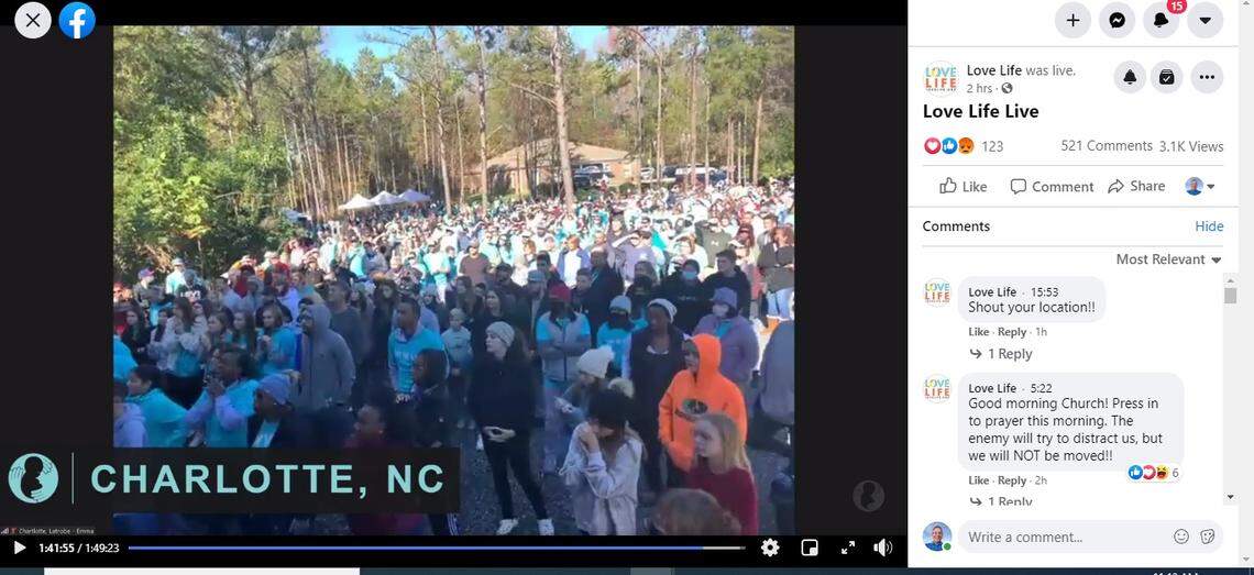 This screen shot by the Observer of livestream footage by the national non-profit organization Love Life showed a crowd of at least several hundred, many not wearing masks, at a prayer gathering outside a Charlotte abortion clinic on Saturday, Nov. 21, 2020. Love Life announced on its livestream that the crowd surpassed 1,000.
