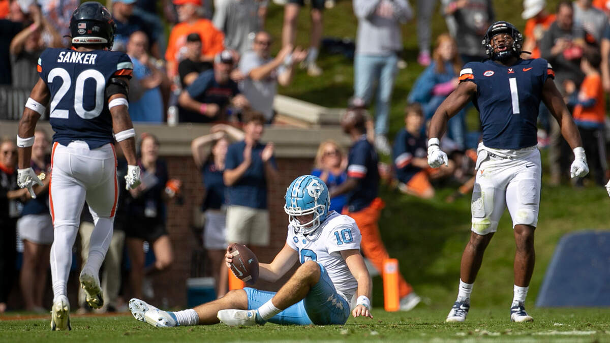 Virginia’s Paul Akere (1) reacts after sacking North Carolina quarterback Drake Maye in the second quarter on Saturday, November 5, 2022 at Scott Stadium in Charlottesville, Va.