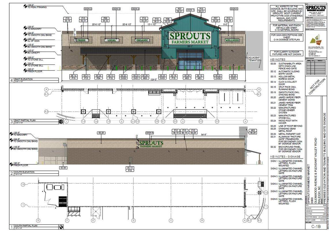 This screen grab of a document submitted to the City of Raleigh, drawn by architecture firm MS Consultants and acquired by The News & Observer, shows a Sprouts Farmers Market facade to be built at Pleasant Valley Promenade.