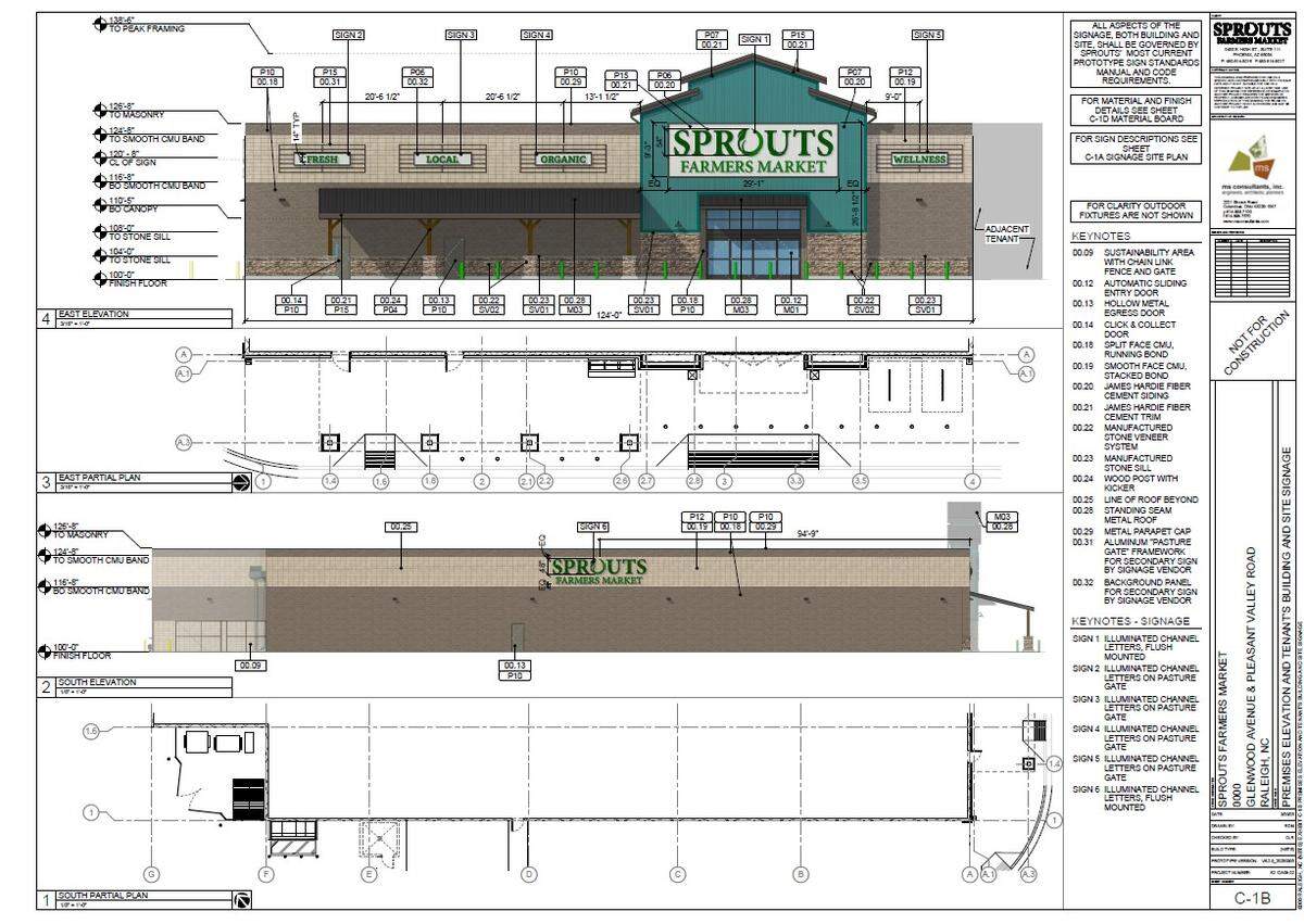 This screen grab of a document submitted to the City of Raleigh, drawn by architecture firm MS Consultants and acquired by The News & Observer, shows a Sprouts Farmers Market facade to be built at Pleasant Valley Promenade.