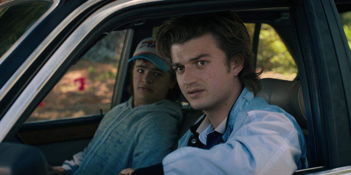 (L to R) Gaten Matarazzo as Dustin Henderson and Joe Keery as Steve Harrington in Season 4 of the Netflix series “Stranger Things.” 