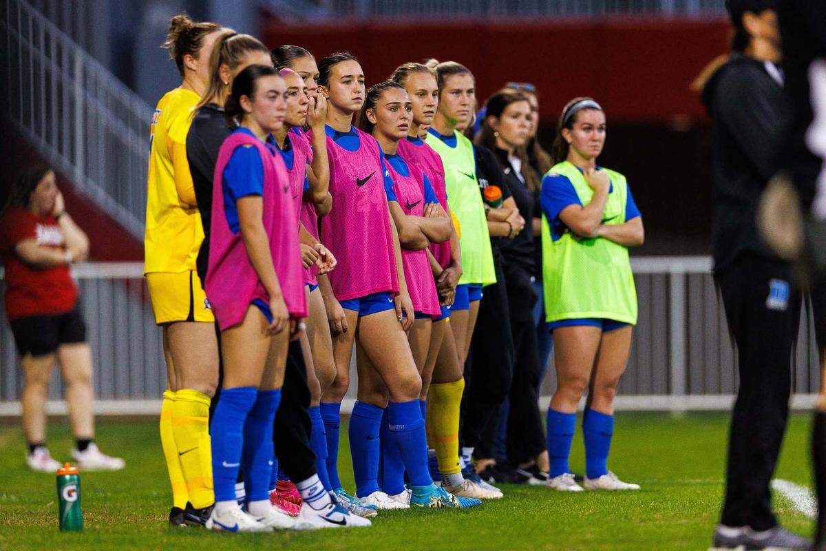 Duke Blue Devils players look on during the first half against the Louisville Cardinals at Dr. Mark & Cindy Lynn Stadium on Oct. 26, 2023.