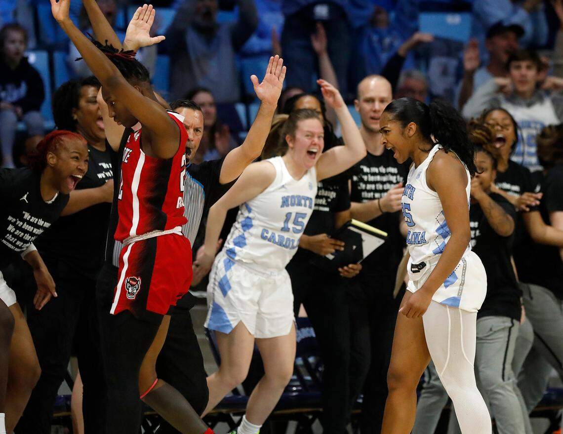 North Carolina’s Deja Kelly reacts after knocking down a basket during the second half of the Tar Heels’ 80-70 win over N.C. State on Thursday, Feb. 22, 2024, at Carmichael Arena in Chapel Hill, N.C.