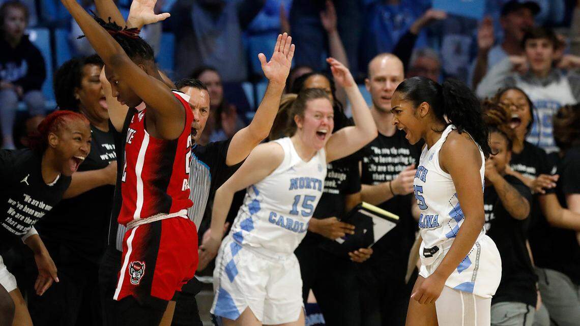 North Carolina’s Deja Kelly reacts after knocking down a basket during the second half of the Tar Heels’ win over N.C. State on Feb. 22 at Carmichael Arena in Chapel Hill, N.C. Kelly led the Tar Heels to a big win over Duke on the last day of the regular season Sunday.