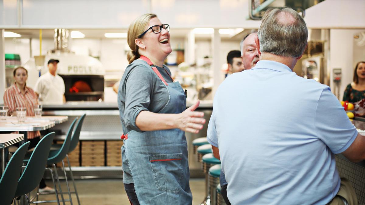 James Beard award winning chef Ashley Christensen greets guests during a soft opening at her newest restaurant Poole’side Pies on Wednesday, Sept. 11, 2019.