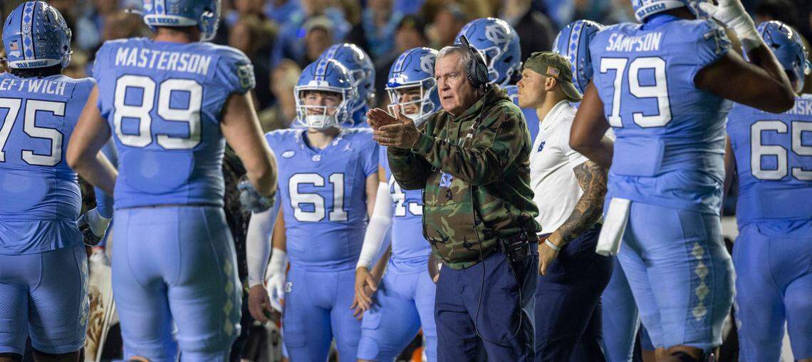 North Carolina coach Mack Brown applauds his team in the first quarter against Wake Forest on Saturday, November 16, 2024 at Kenan Stadium in Chapel Hill, N.C.