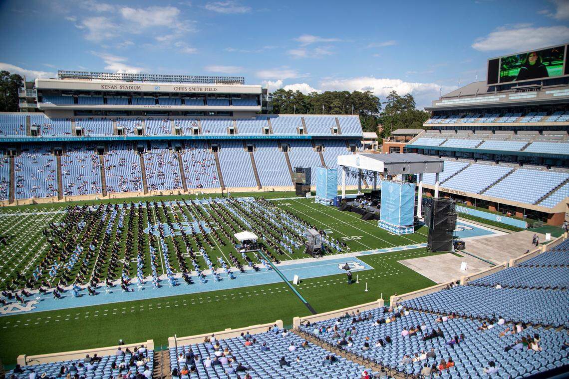 Dr. Anthony Fauci delivers one of the virtual commencement speeches during a commencement ceremony at UNC-Chapel Hill Friday, May 14, 2021.