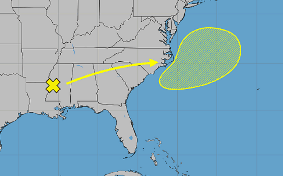 The seven-day graphical tropical weather outlook from the National Hurricane Center as of Thursday, June 18, 2026. The remnants of Tropical Storm Arthur have a small chance of reforming off the coast.
