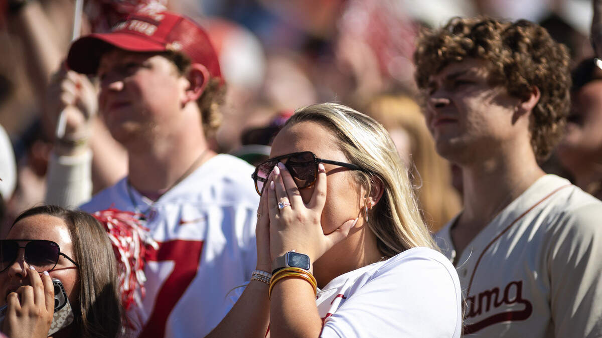 Oct 12, 2024; Tuscaloosa, Alabama, USA; Alabama Crimson Tide fans react to the close score during the fourth quarter at Bryant-Denny Stadium.