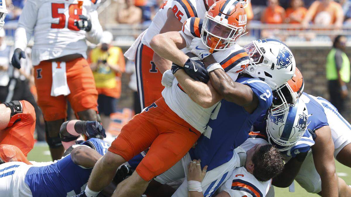 Duke’s Jaiden Francois tackles Illinois’ Aidan Laughery during the first half of the Blue Devils’ game on Saturday, Sept. 6, 2025, at Wallace Wade Stadium in Durham, N.C.