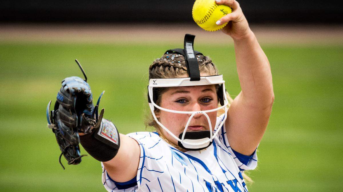 Duke softball pitcher Cassidy Curd delivers a pitch against Stanford in the teams’ NCAA softball super regional in Durham, NC, on Friday, May 26, 2023.