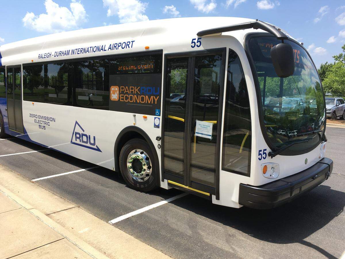 One of four Proterra electric shuttle buses that went into service at Raleigh-Durham International Airport in May 2019.
