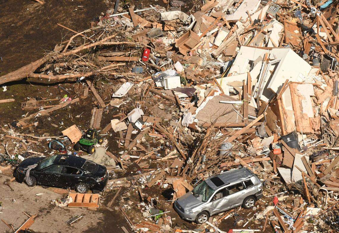 This aerial photo shows the devastation Tuesday Feb. 16, 2021, in the Ocean Ridge Plantation area of Brunswick County, N.C. following a tornado.