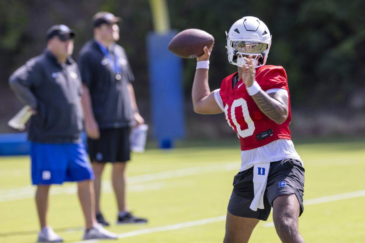 Duke quarterback Darian Mensah (10) practices on Monday, July 28, 2025 at Duke University.