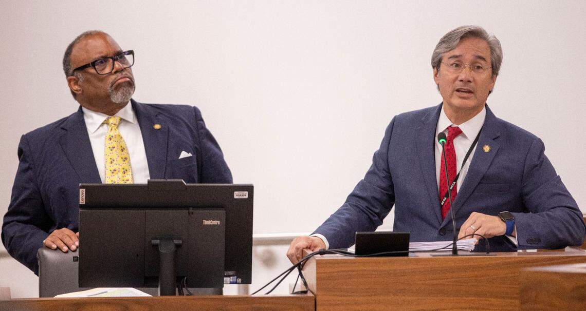 Senator Paul Lowe, left and Senator Michael Lee, co-sponsors of SB 711, field questions about medical marijuana during a Senate committee meeting on Thursday, August 26, 2021 at the Legislative Office Building in Raleigh, N.C.