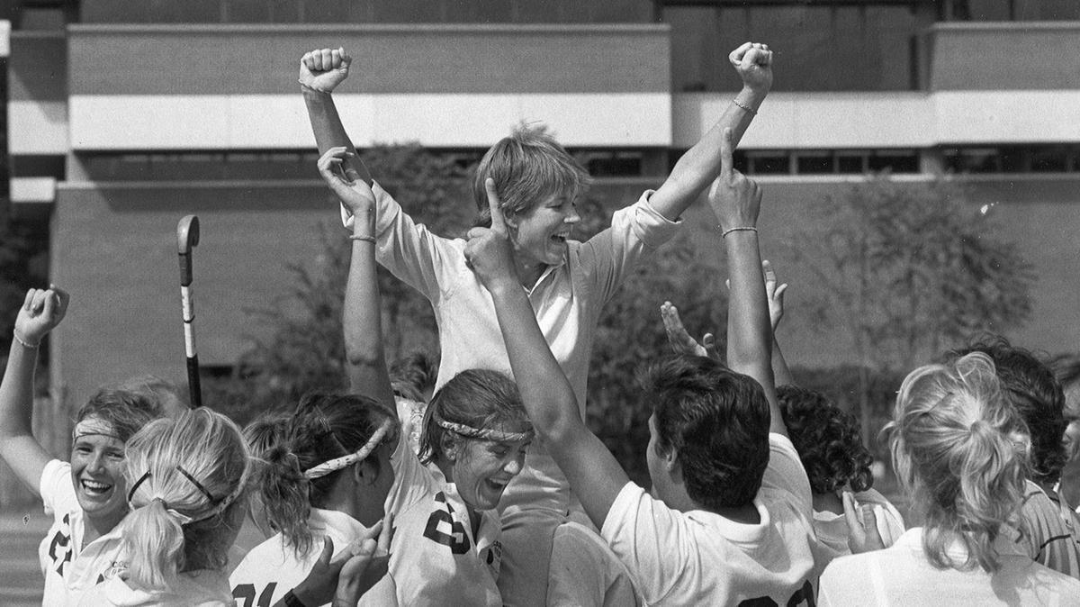 Karen Shelton celebrates with her team after a win over Old Dominion in 1985.