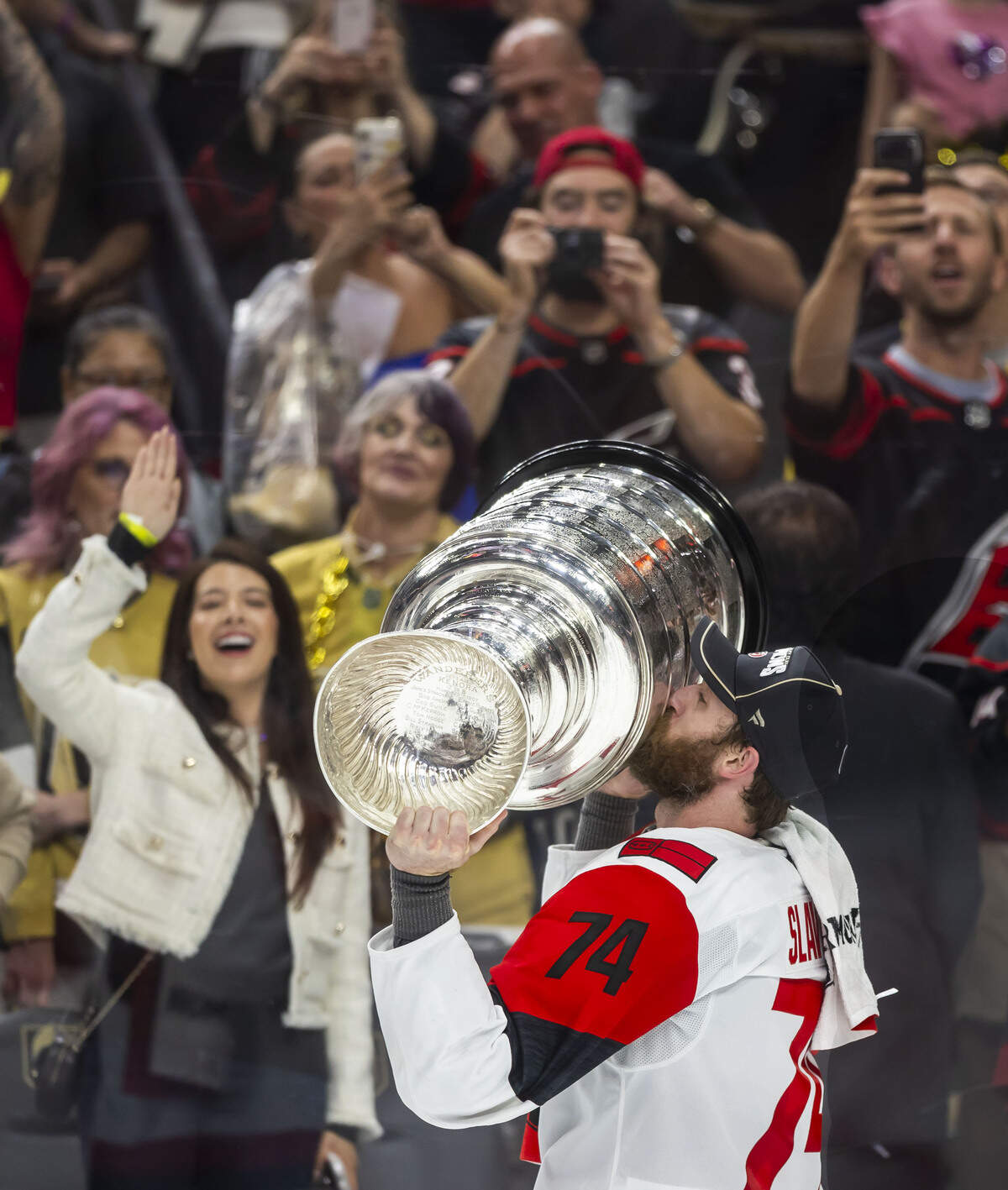 Carolina Hurricanes defenseman Jacoob Slavin (74) kisses the Stanley Cup, following a 3-0 victory over Vegas in Game 6, on Sunday, June 14, 2026 at T-Mobile Arena in Las Vegas, NV.
