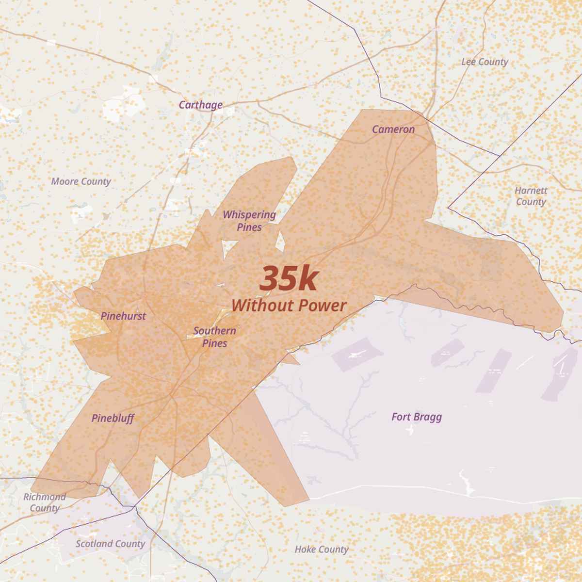 A map of power outages in North Carolina based on Duke Energy data as of 3 p.m. Dec. 6, 2022. Each yellow dot represents 10 residents, according to 2019 American Community Survey tract-level data. OpenStreetMap mapping data was used for landmarks and roads.