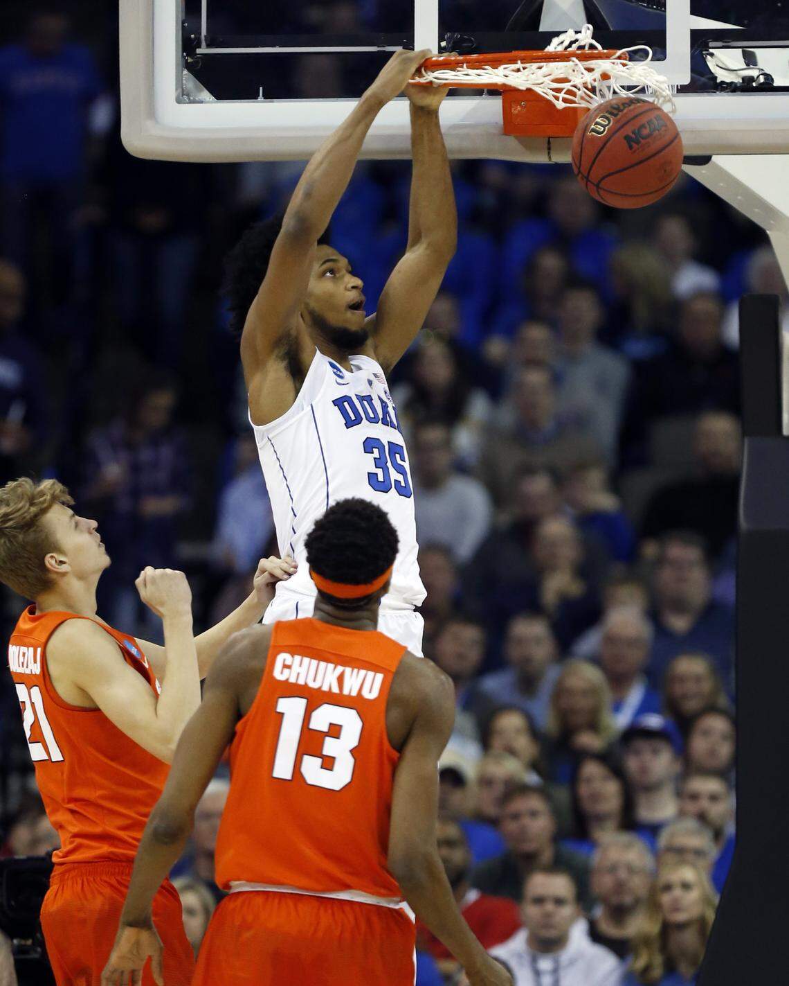 Duke’s Marvin Bagley III (35) slams in two during the first half of Duke’s game against Syracuse.