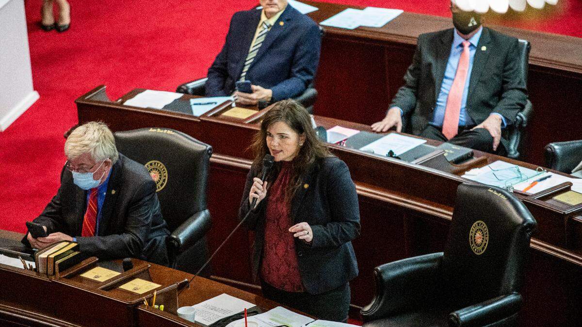 Watauga Republican Sen. Deanna Ballard, center, speaks on the Senate floor prior to a failed veto override vote on SB 37, the schools reopening bill Gov. Cooper vetoed, Monday, March 1, 2021 at North Carolina General Assembly. Some North Carolina schools have been remote-only for nearly a year.