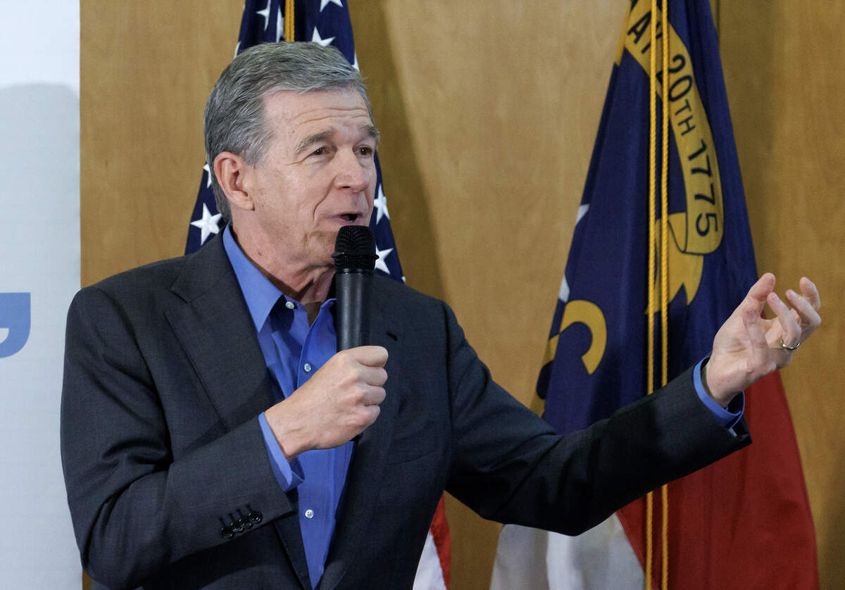 Former Gov. Roy Cooper speaks during a “Make Stuff Cost Less” campaign rally at the Graham Civic Center on Monday, July 13, 2026, in Graham, N.C.