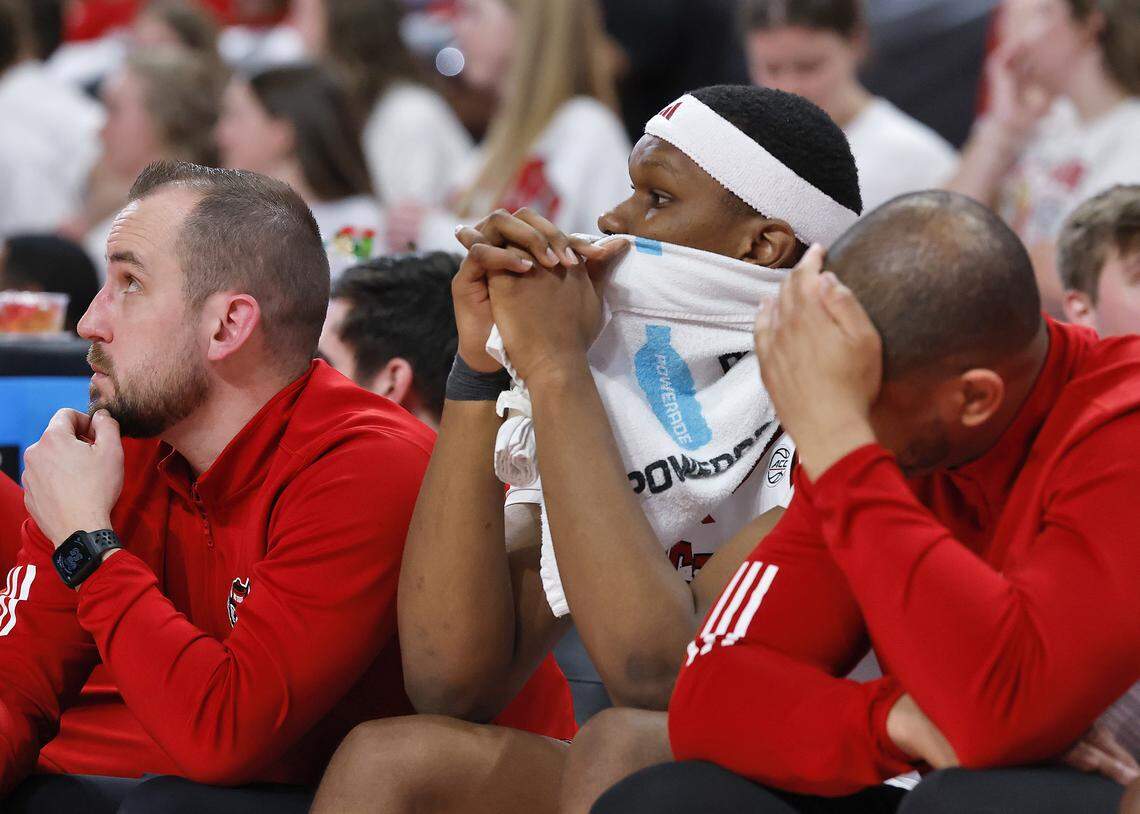 NC State's Ven-Allen Lubin watches from the bench during the second half of the Wolfpack’s 93-64 loss to Duke on Monday, March 2, 2026, at Lenovo Center in Raleigh, N.C. 