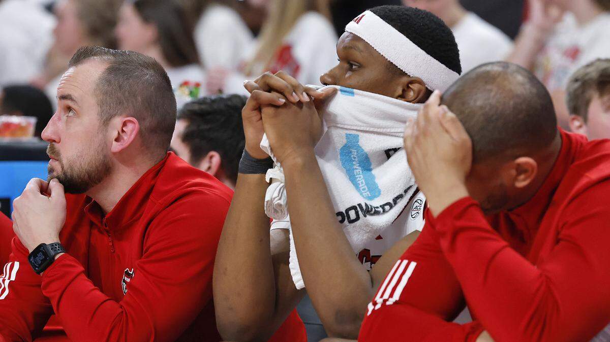 NC State's Ven-Allen Lubin watches from the bench during the second half of the Wolfpack’s 93-64 loss to Duke on Monday, March 2, 2026, at Lenovo Center in Raleigh, N.C.