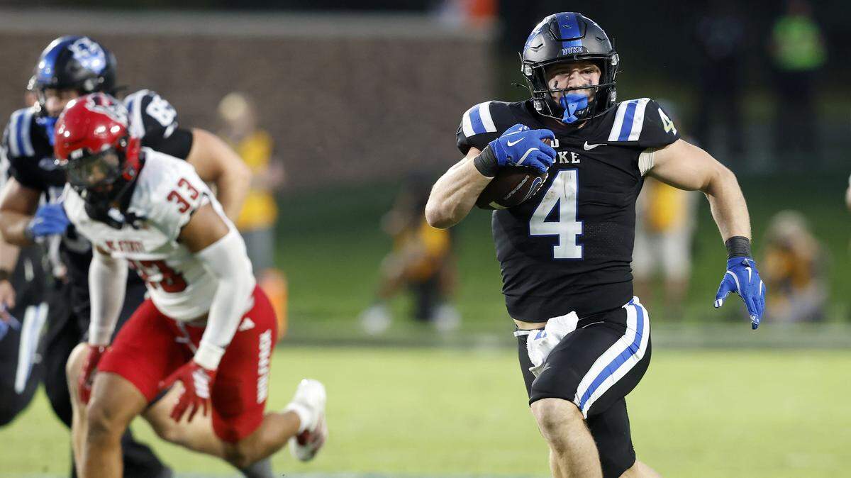 Duke’s Anderson Castle breaks away for a 66-yard touchdown run during the second half of the Blue Devils’ 45-33 win over N.C. State on Saturday, Sept. 20, 2025, at Wallace Wade Stadium in Durham, N.C.