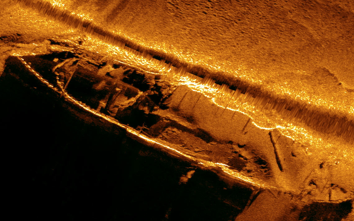 This is a 2021 sonar scan of the USS Picket in eastern North Carolina’s Tar River. Much of the river bed has been scoured away, researchers say.