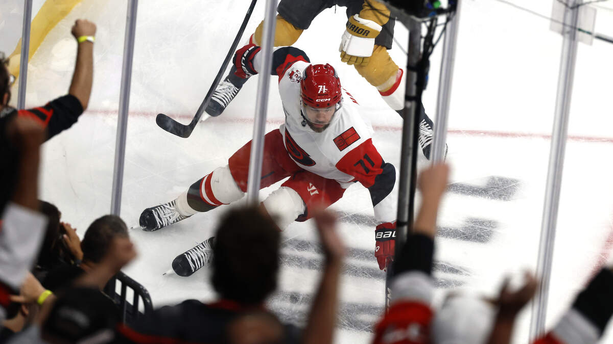 The Carolina Hurricanes Carolina's Taylor Hall (71) celebrates after scoring to put the Canes up 1-0 in Game 6 in Las Vegas.