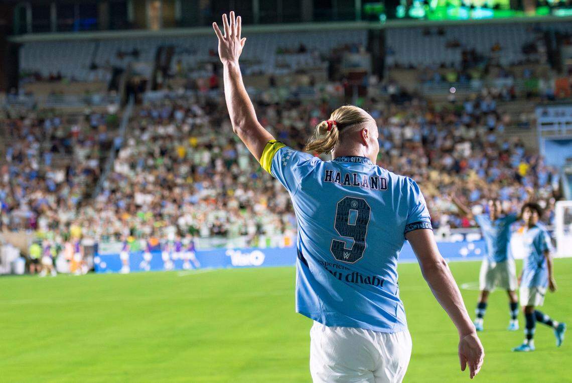 Manchester City forward Erling Haaland (9) celebrates after scoring a goal during the Celtic FC vs Manchester City at Kenan Stadium in Chapel Hill on Tuesday, July 23, 2024. Celtic FC won 4-3.