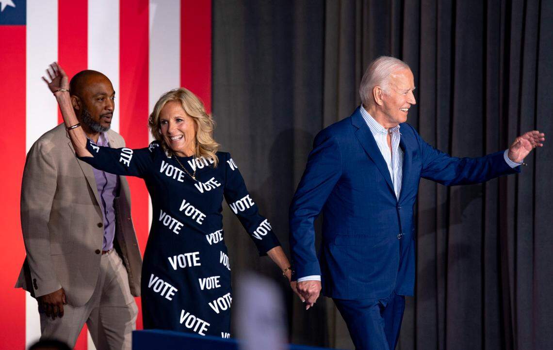 First Lady Jill Biden and President Joe Biden take the stage during a campaign event at the Jim Graham building at the North Carolina State Fairgrounds in Raleigh on Friday June 28, 2024. Biden debated former President Trump in Atlanta Georgia the previous night.