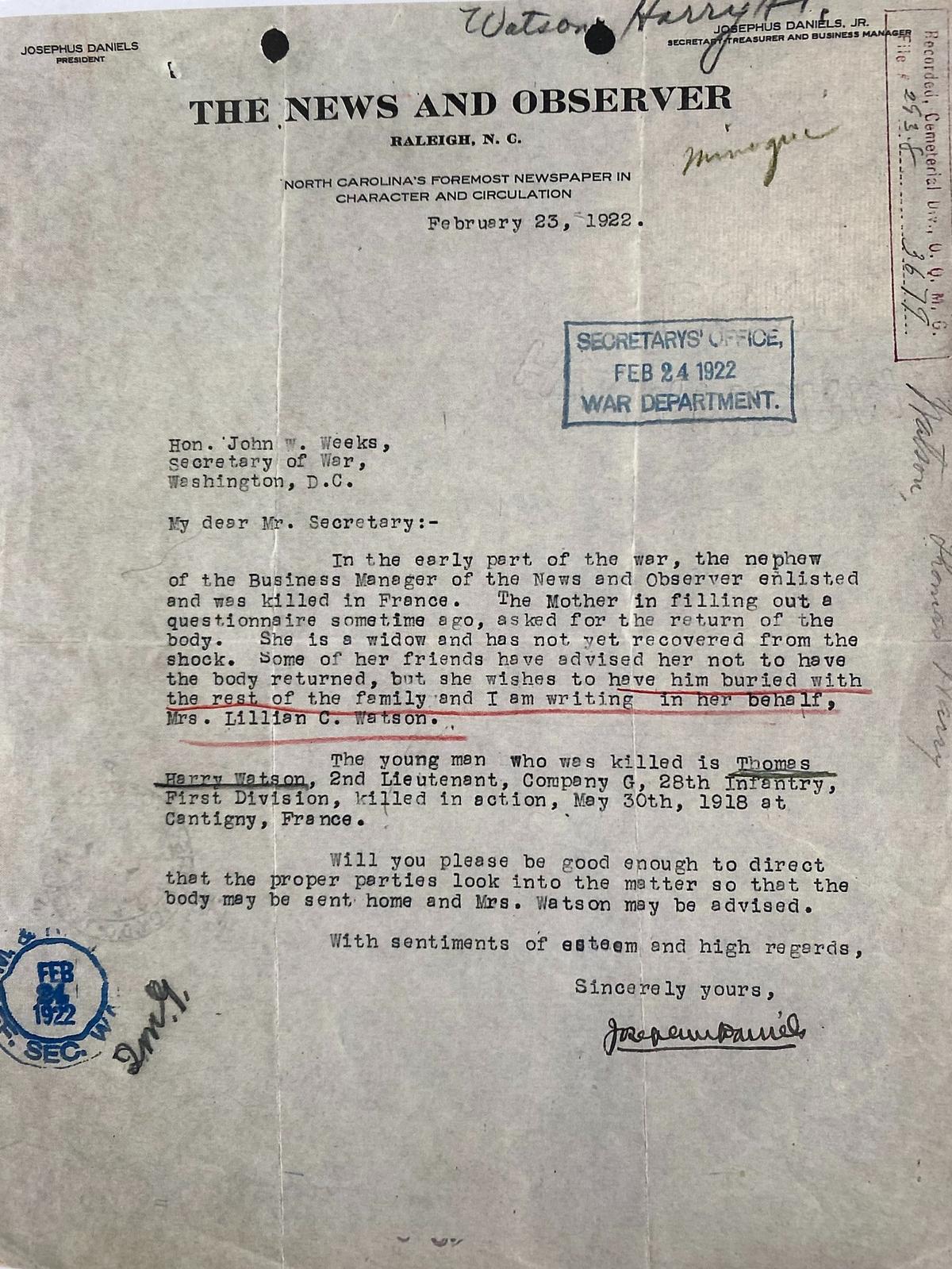 News & Observer publisher Josephus Daniels personally intervened in a Raleigh mother’s quest to bring her son’s body home from World War I. But it still took until 1928 for Thomas Harry Watson to return.
