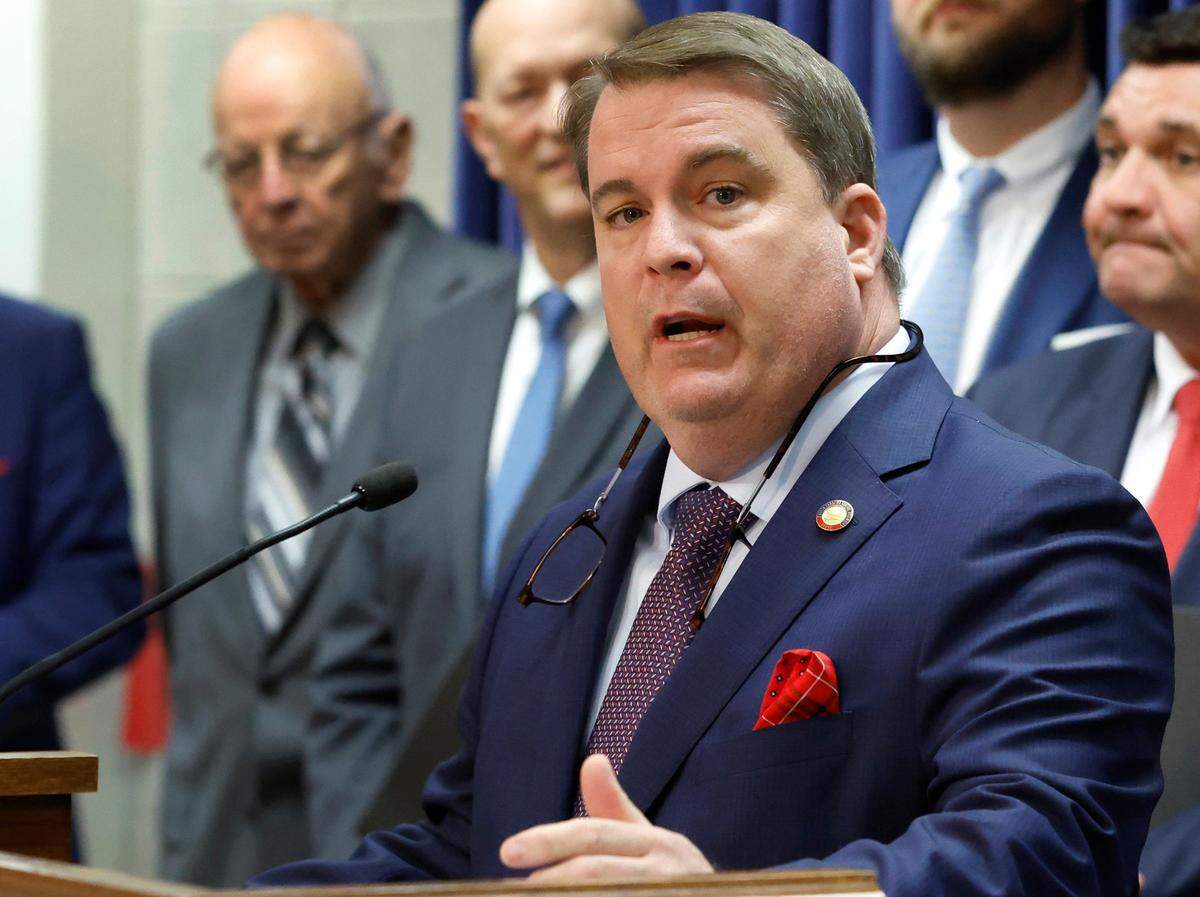 Rep. Brenden Jones speaks during a press conference Wednesday, March 29, 2023, where House Speaker Tim Moore and the House Republican budget chairs talked about their state budget proposal.