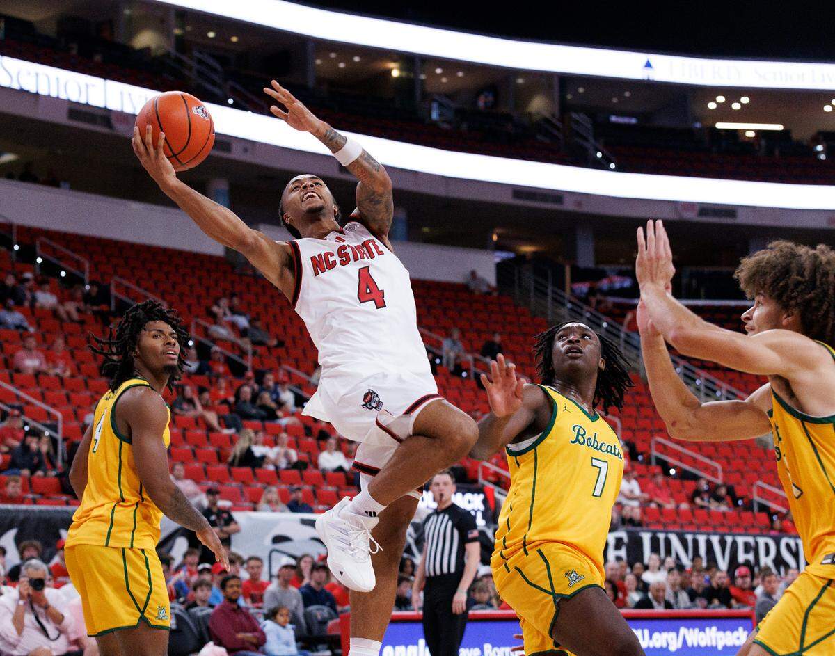 N.C. State’s Breon Pass drives to the basket during the second half of the Wolfpack’s 79-75 exhibition win over Lees-McRae on Wednesday, Oct. 30, 2024, at the Lenovo Center.