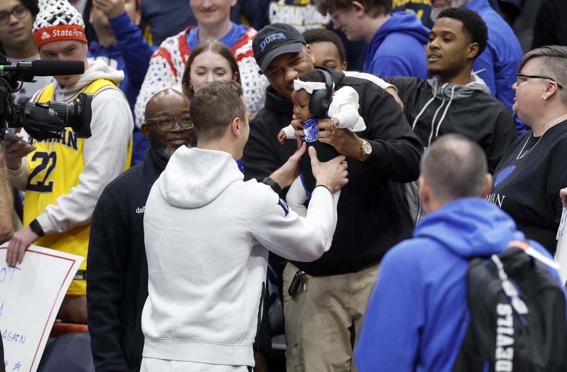 Duke head coach Jon Scheyer greets fans during Duke basketball’s open practice during ESPN’s College GameDay at Capital One Arena in Washington, D.C., Saturday, Feb. 21, 2026.