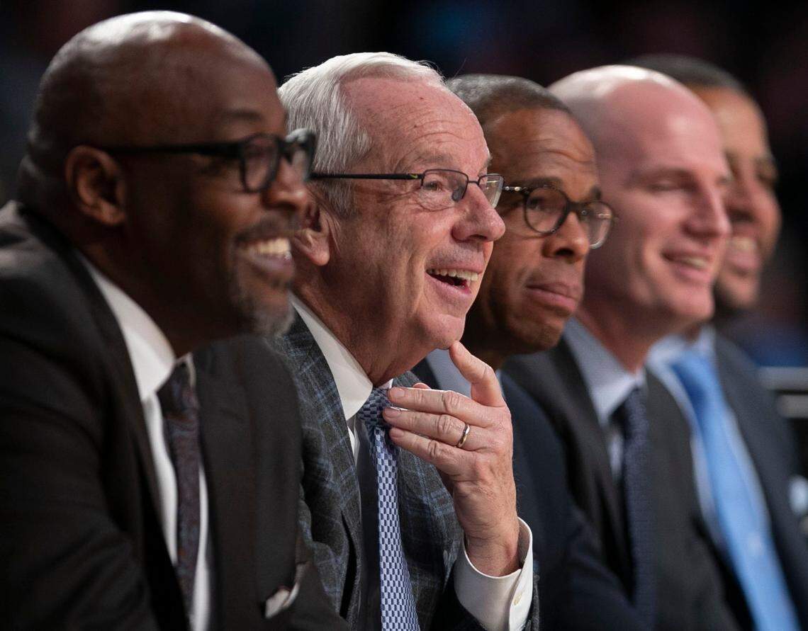 With a comfortable lead, and the starters on the bench, Roy Williams smiles as he watches the reserve players close out the Tar Heels game against Georgia Tech on Tuesday, January 29, 2019 at McCamish Pavilion in Atlanta, Georgia.