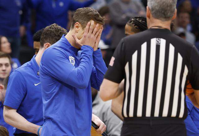 Duke head coach Jon Scheyer can’t believe the call by the officials during the second half of UConn’s 73-72 victory over Duke in the NCAA Men’s Tournament East Regional Final at Capital One Arena in Washington, D.C., Sunday, March 29, 2026.