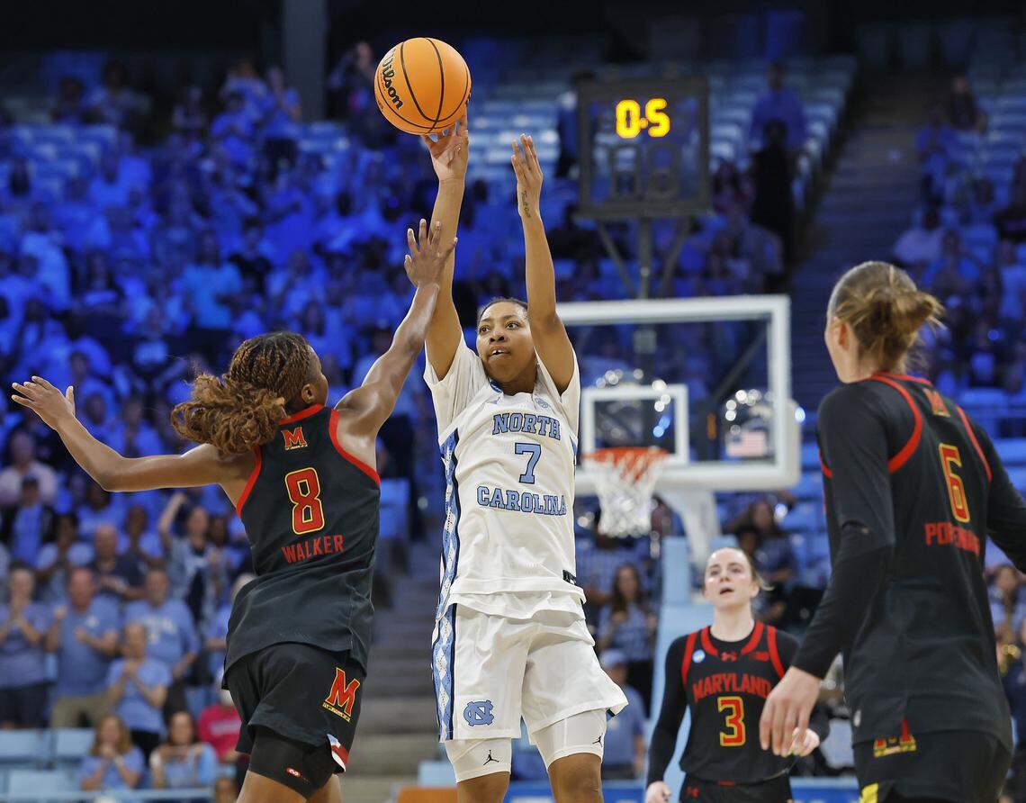 North Carolina’s Nyla Brooks shoots over Maryland’s Kyndal Walker during the first half of the Tar Heels’ 74-66 second-round NCAA Tournament win on Sunday, March 22, 2026, at Carmichael Arena in Chapel Hill, N.C.