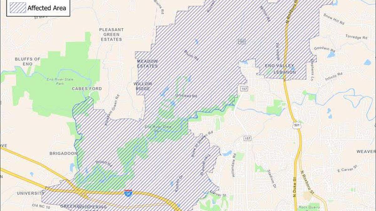 Some Durham residents on city water were instructed on Friday, June 21, 2024, to boil water until further notice. The shaded area is experiencing pressure issues that could lead to contamination.