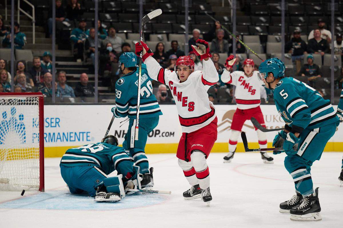 Carolina Hurricanes center Seth Jarvis (24) reacts after scoring a goal against the San Jose Sharks during the first period at SAP Center at San Jose.