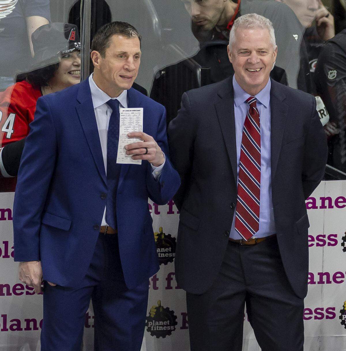 Carolina Hurricanes coach Rod Brind’Amour talks with assistant coach Jeff Daniels during the second period against Dallas on Tuesday, January 6, 2026 at Lenovo Center in Raleigh, N.C. 