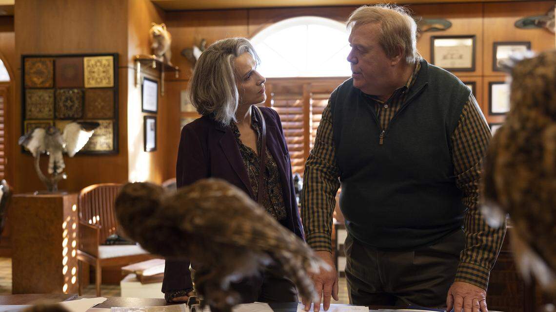 Juliette Binoche as Sophie Brunet and Joel McKinnon Miller as Larry Pollard in the HBO Max series “The Staircase.”