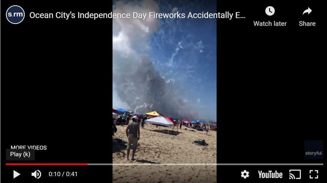 A screen grab of a video shared by Storyful shows fireworks accidentally exploding while workers were setting them up for a Fourth of July show on a Maryland beach.