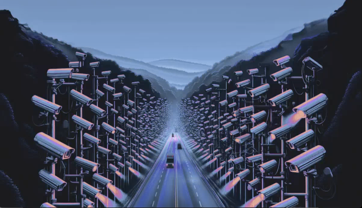 Illustration of cars driving down road in North Carolina with cameras surveilling the cars.